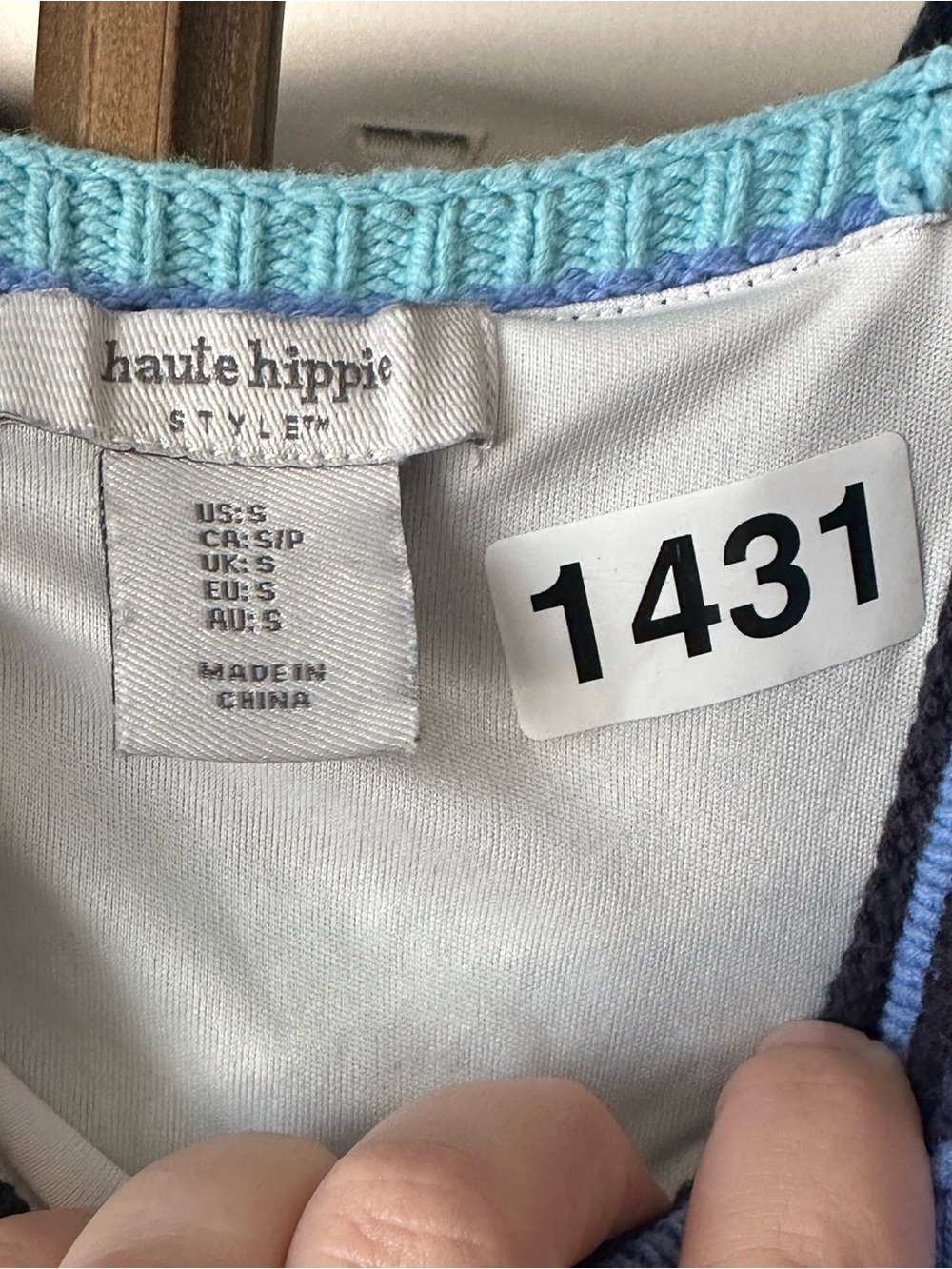 Haute Hippie Style Striped Crochet Knit Sweater Dress Blue Sleeveless Size Small - Picture 4 of 7